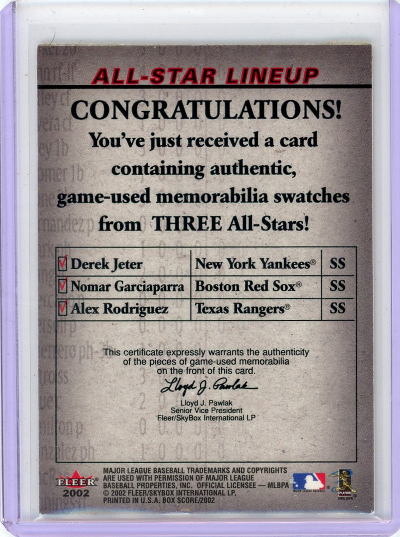 Derek Jeter / Alex Rodriguez / Nomar Garciaparra 2002 Fleer Box Score All-Star Lineup Triple Relic