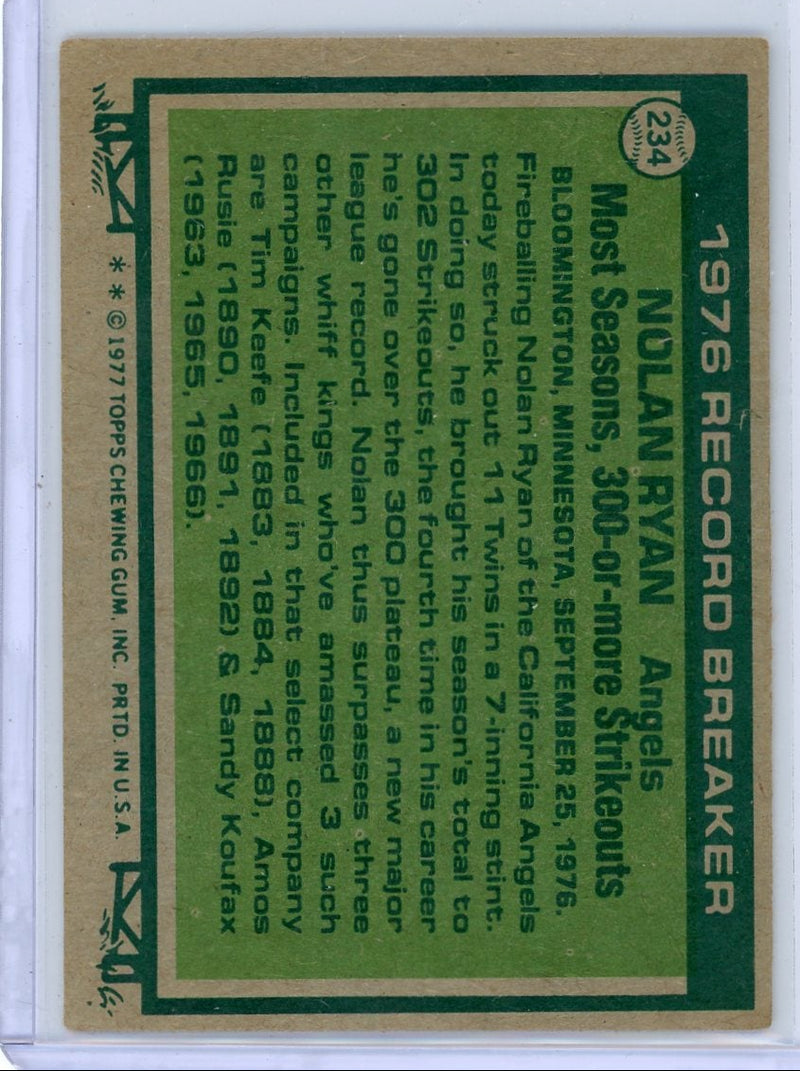 Nolan Ryan 1977 Topps Baseball Record Breaker 