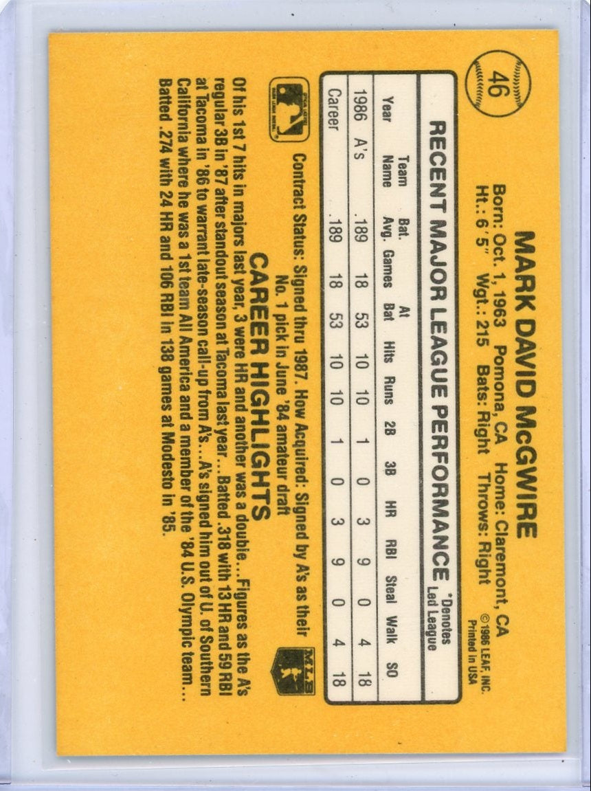 Mark McGwire 1987 Donruss Rated Rookie #46