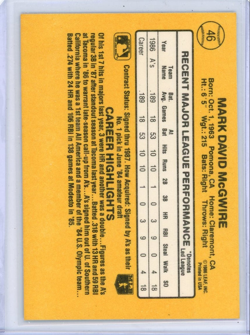 Mark McGwire 1987 Donruss Rated Rookie 