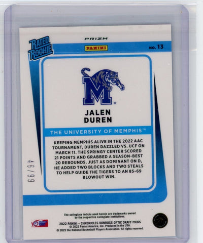 Jalen Duren 2022 Panini Chronicles Donruss Optic blue prizm rookie card #'d 46/99