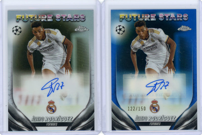 Alvaro Rodriguez 2024 Topps Chrome UEFA Future Stars 2-card lot (base + blue ref. /150)