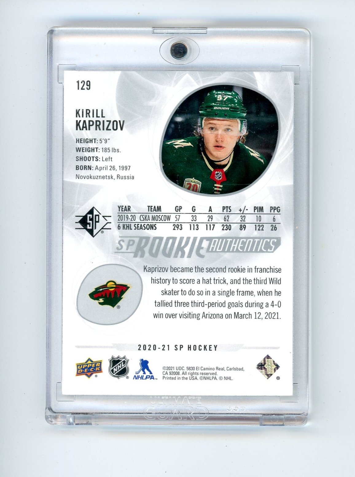 Kirill Kaprizov 2020-21 Upper Deck SP Rookie Authentics RC black #'d 1264/2299