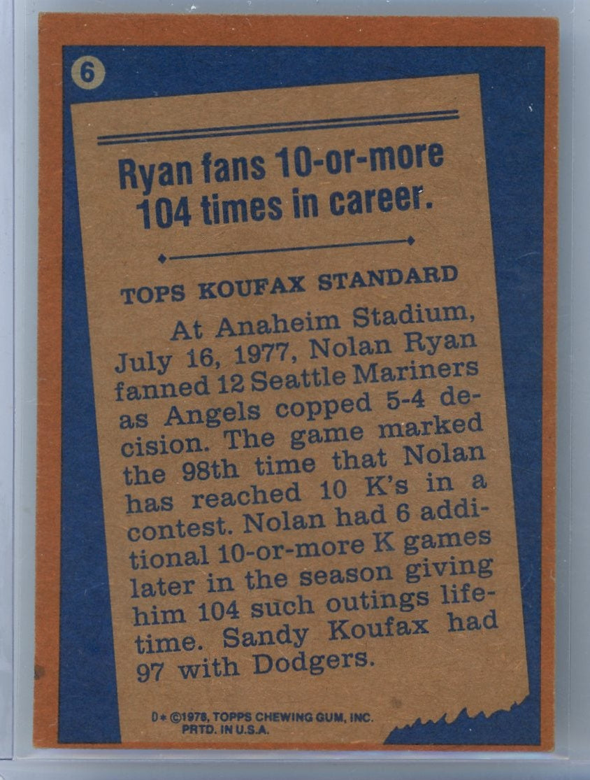 Nolan Ryan 1978 Topps Baseball Record Breaker #6