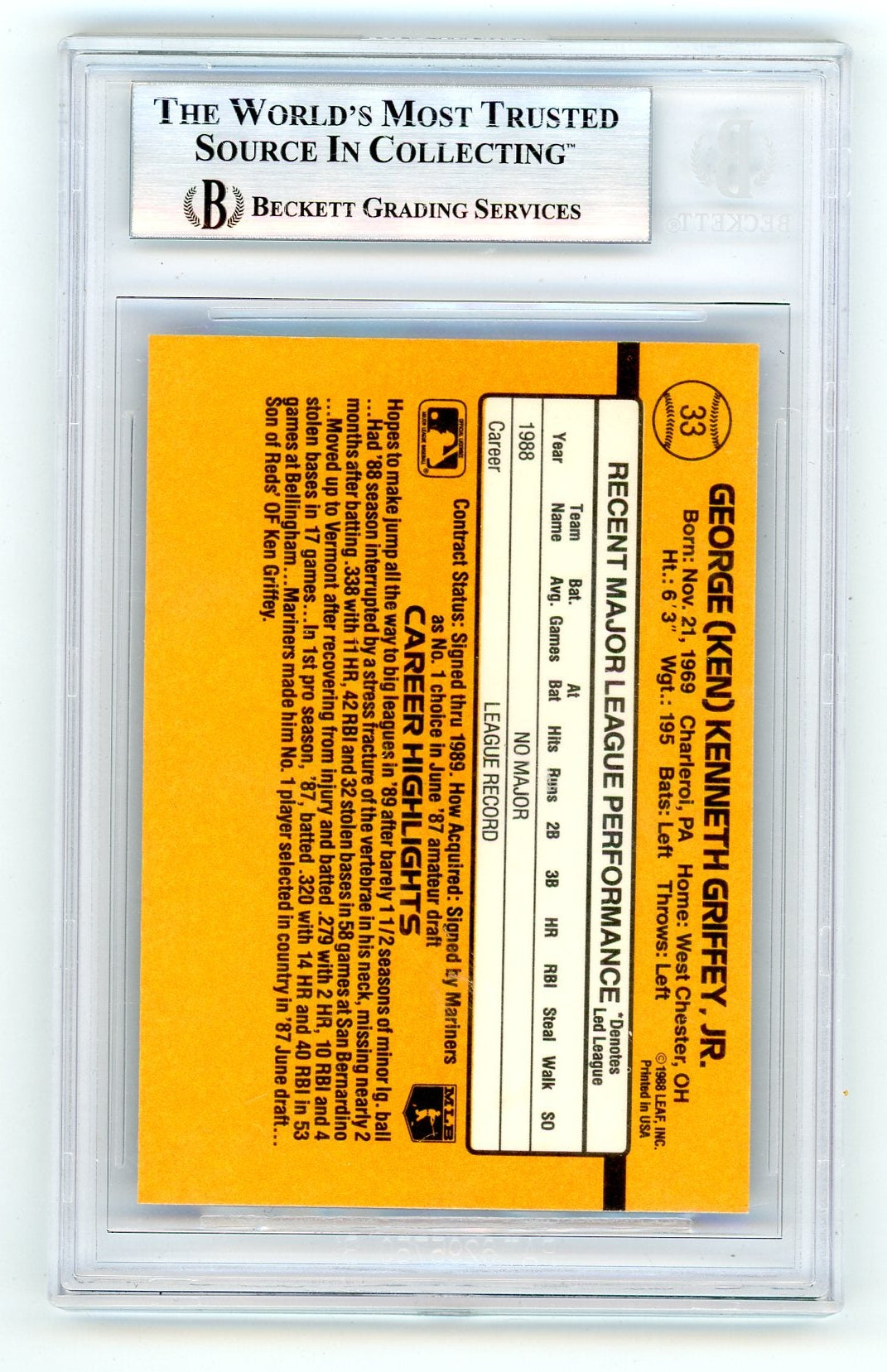 Ken Griffey Jr 1989 Donruss Rated Rookie #33 BGS 9