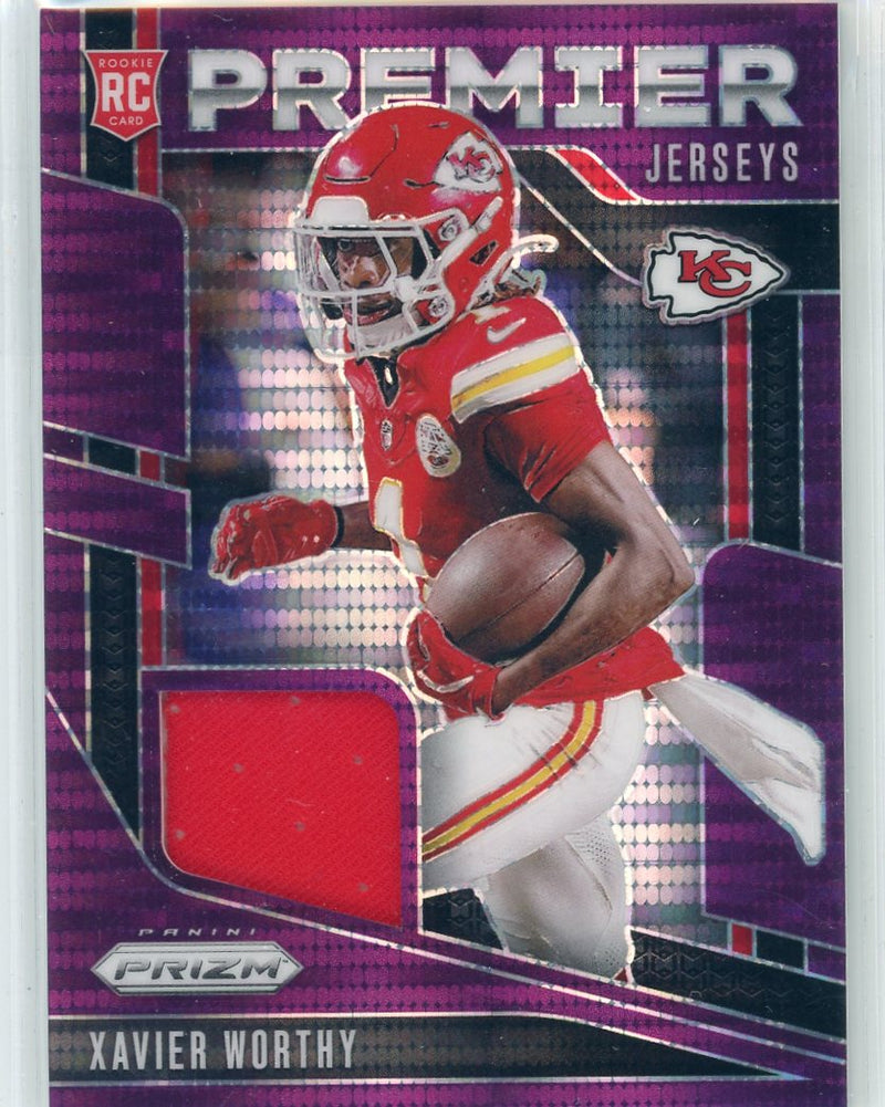 Xavier Worthy 2024 Panini Prizm Premier Jerseys relic purple pulsar prizm rookie card