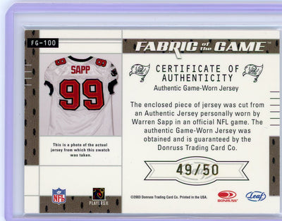 Warren Sapp 2003 Donruss Leaf Certified Fabric of the Game auth. game-used jersey relic #'d 49/50