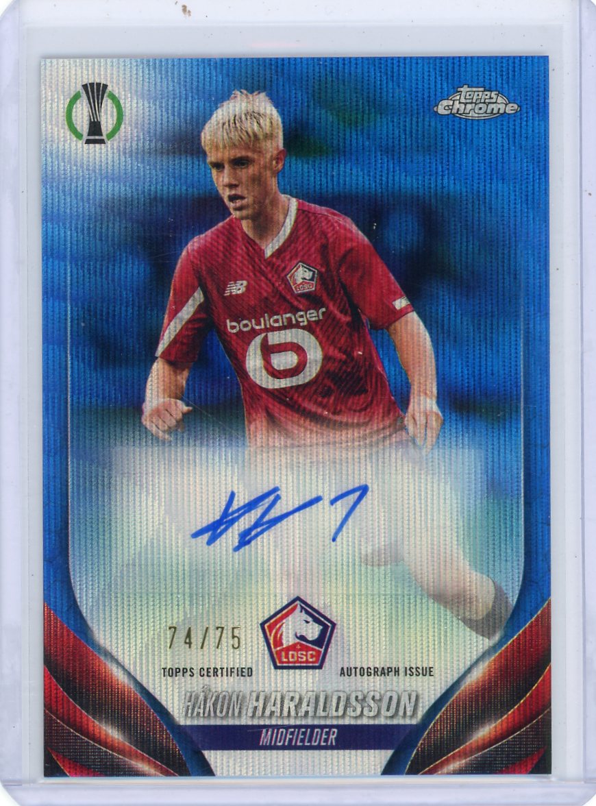 Hakon Haraldsson 2024 Topps Chrome UEFA blue wave autograph #'d 74/75