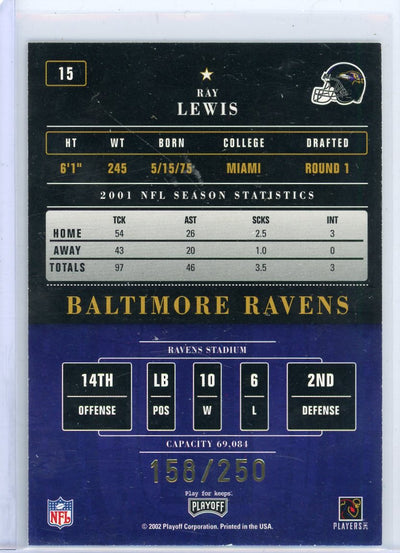 Ray Lewis 2002 Playoff Contenders Championship Ticket #'d 158/250