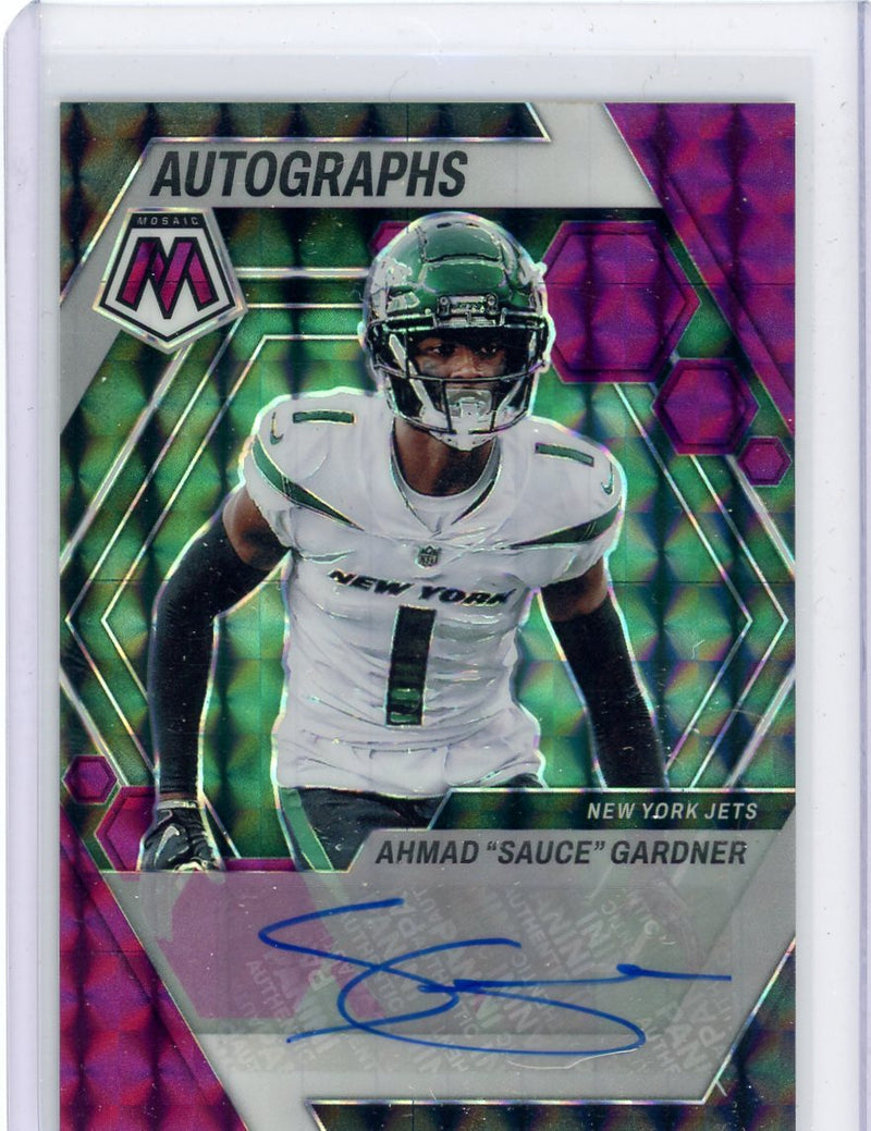 Ahmad "Sauce" Gardner 2023 Panini Mosaic Purple Prizm Mosaic autograph 