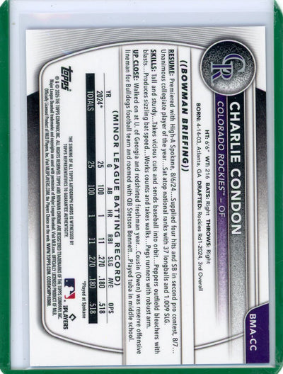 Charlie Condon 2025 Bowman Chrome Blue Mojo Autograph #'d 033/150