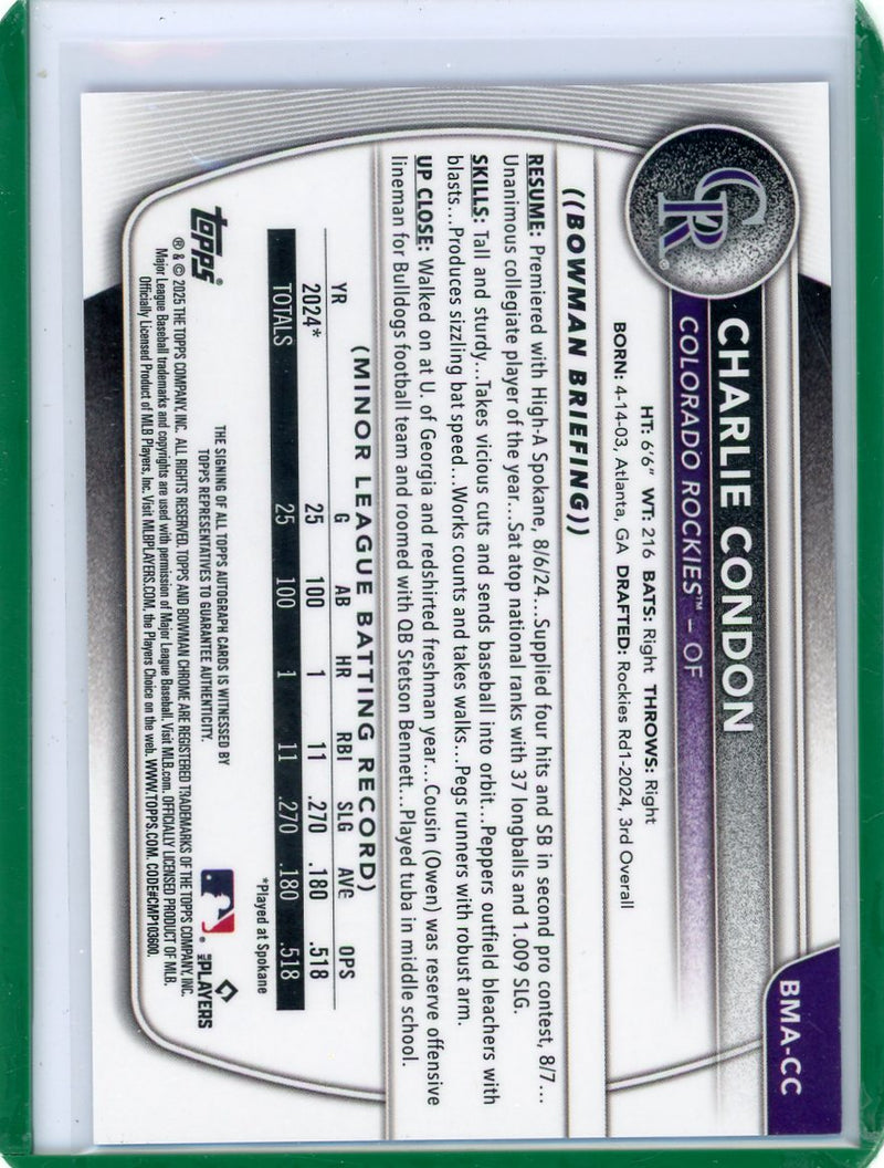 Charlie Condon 2025 Bowman Chrome Blue Mojo Autograph 