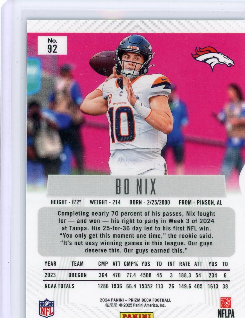 Bo Nix 2024 Panini Prizm Deca rookie card