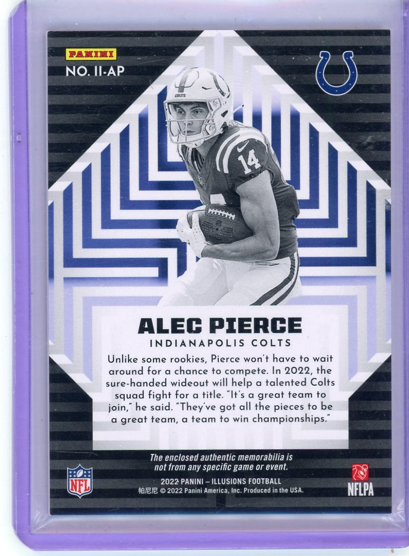 Alec Pierce 2022 Panini Illusions Instant Impact jersey relic rookie card 