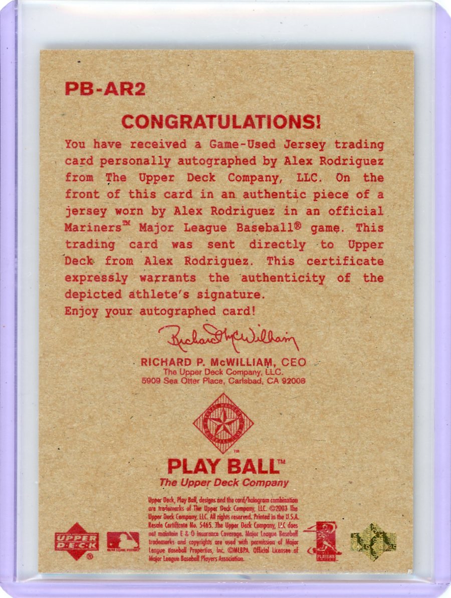 Alex Rodriguez 2003 Upper Deck Play Ball autograph game-used memorabilia #'d 096/285