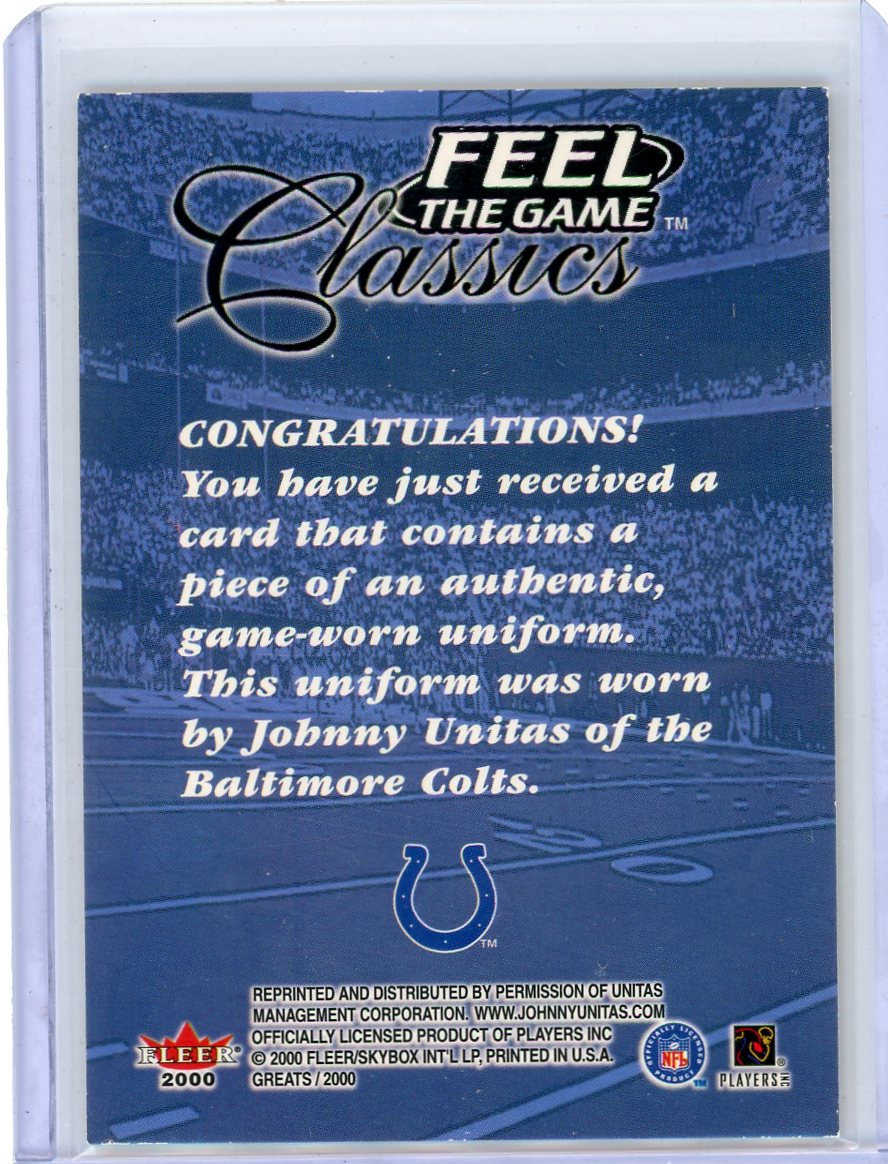 Johnny Unitas 2000 Fleer Feel the Game Classics game-used jersey relic