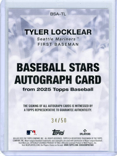 Tyler Locklear 2025 Topps Series 1 Baseball Stars autograph rookie card gold #'d 34/50