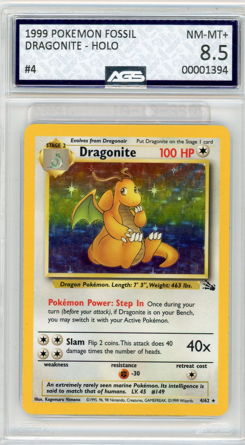 Dragonite 1999 Pokemon Fossil rare holo 4/62 AGS 8.5