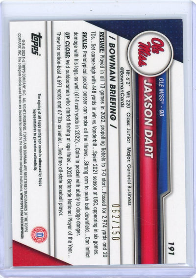 Jaxson Dart 2023 Bowman Chrome University Fuchsia Autograph #'d 062/150