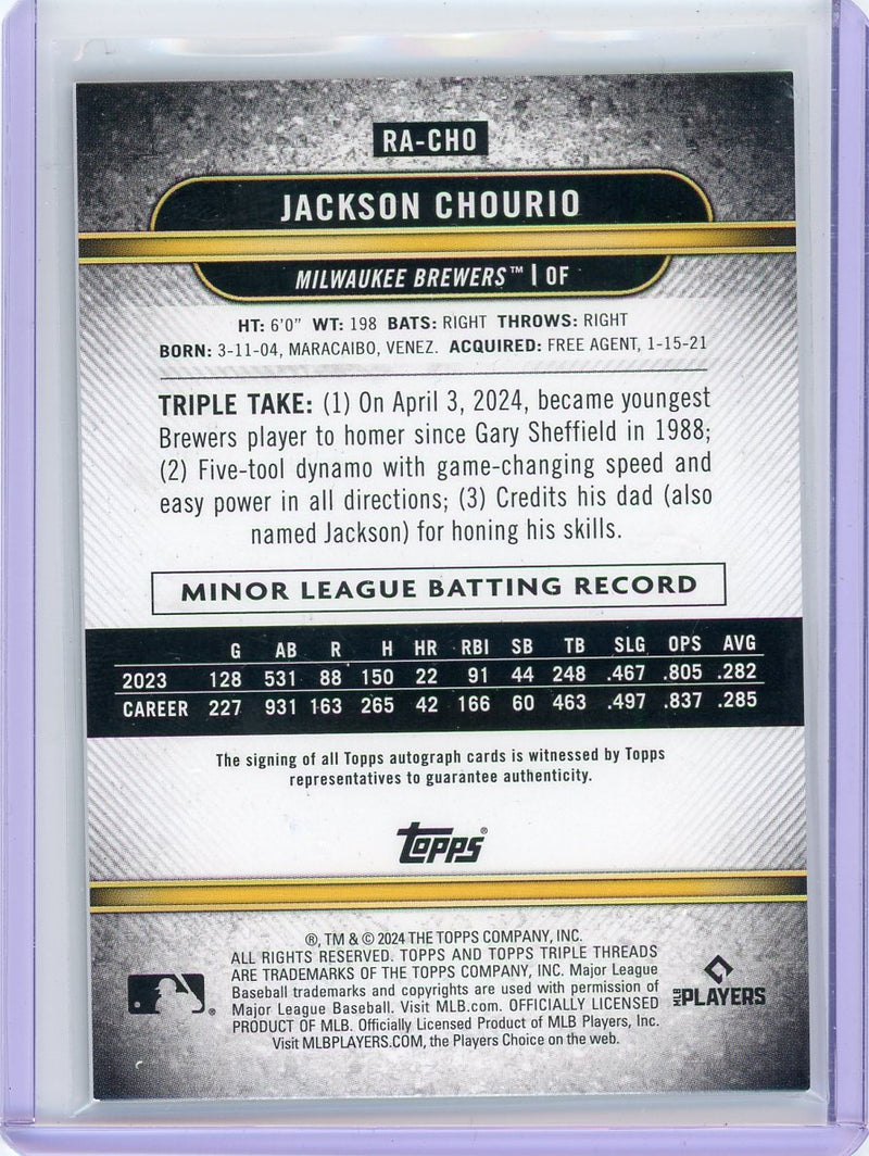 Jackson Chourio 2024 Topps Triple Threads autograph rookie card 