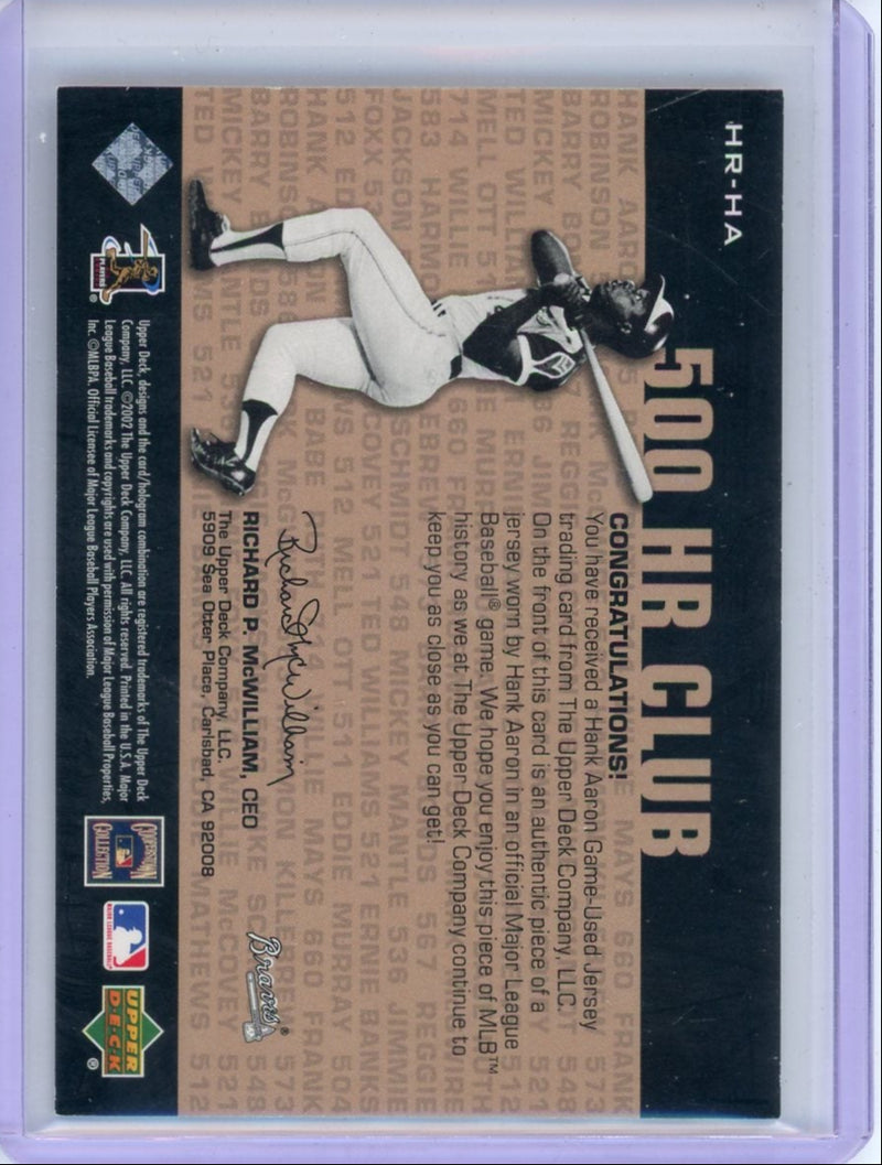 Hank Aaron 2002 Upper Deck Piece of History 500 HR Club game-used jersey relic