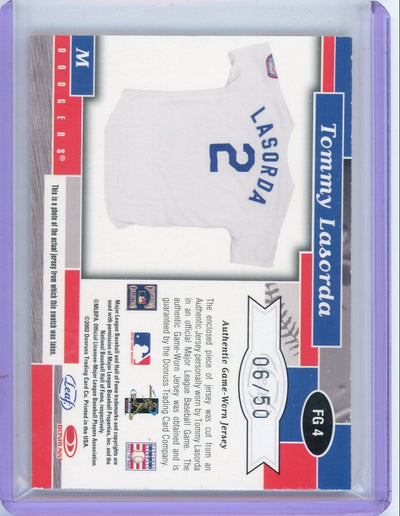 Tommy Lasorda 2002 Donruss Leaf Certified Fabric of the Game game-used jersey relic #'d 06/50