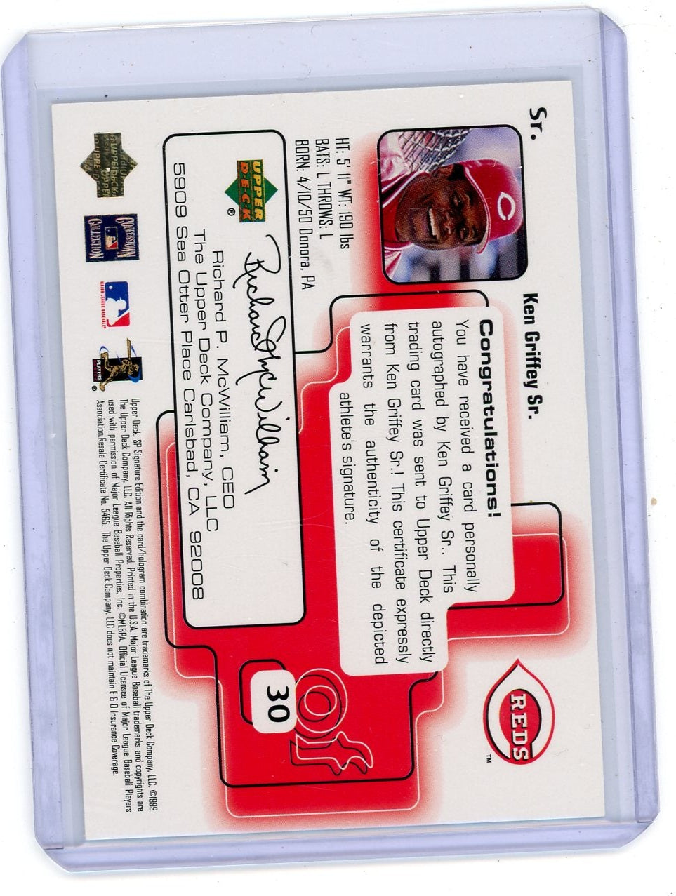 Ken Griffey Sr. 1999 Upper Deck SP Signature Edition autograph