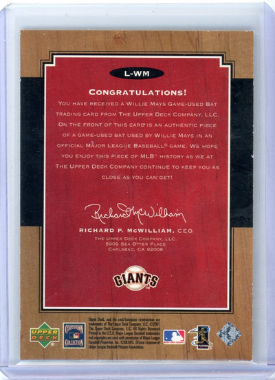 Willie Mays 2001 Upper Deck Legends Legendary Lumber game-used bat relic