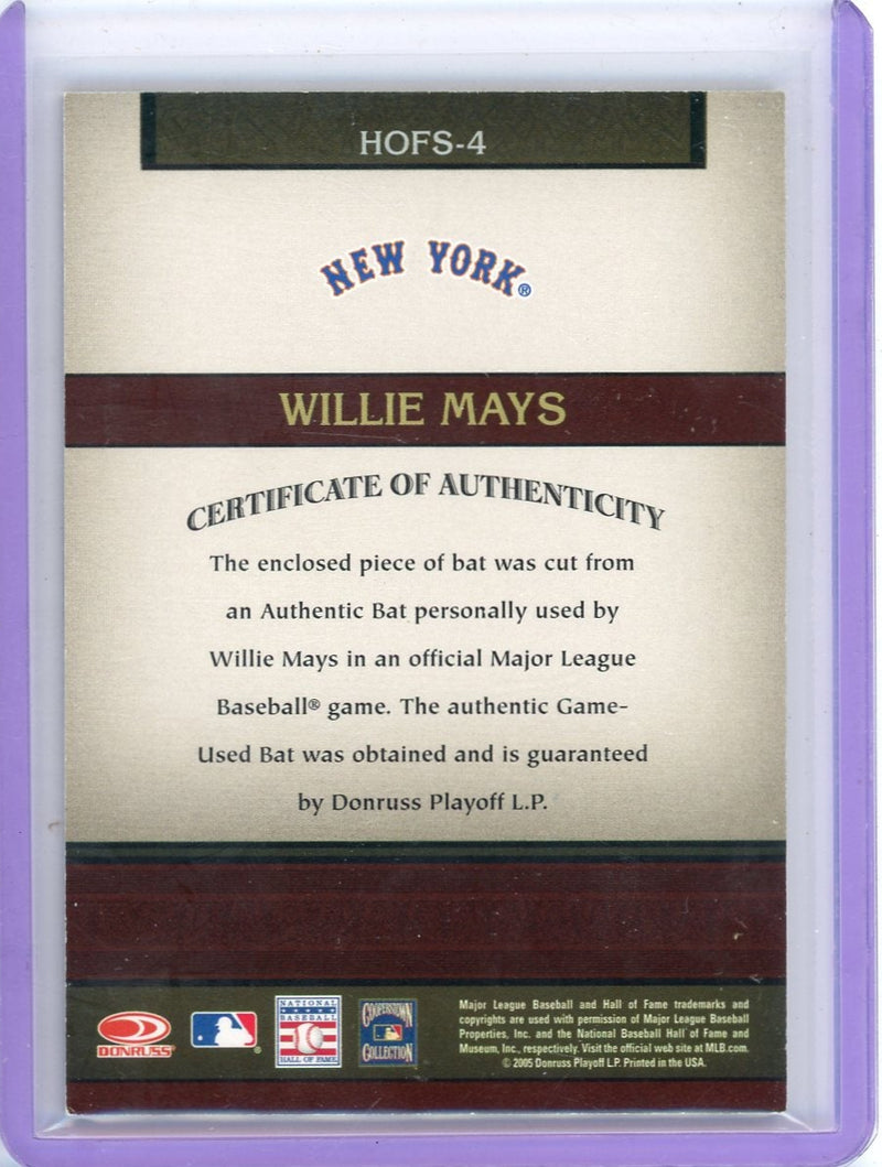 Willie Mays 2005 Donruss Playoff Greats HoF Souvenirs game-used bat relic