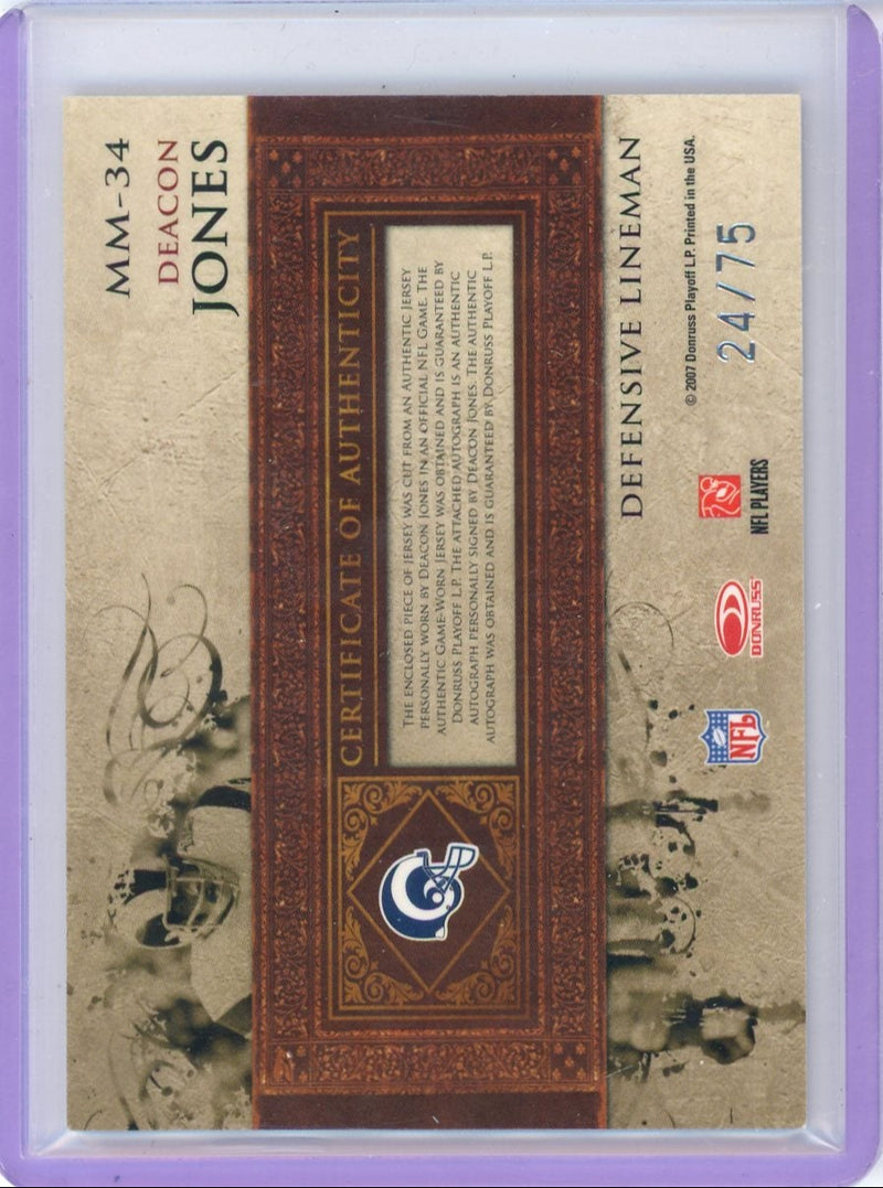 Deacon Jones 2007 Donruss Playoff Leaf Limited Material Monikers autograph game-used relic 