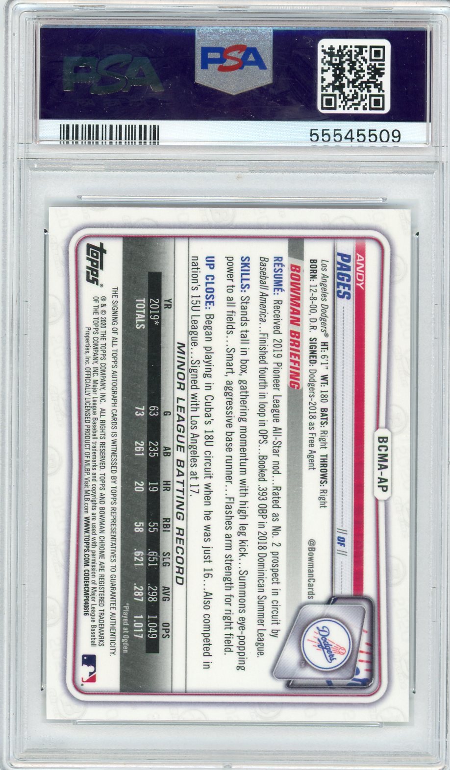 Andy Pages 2020 Bowman Chrome Mega Box/Mojo autograph PSA 10
