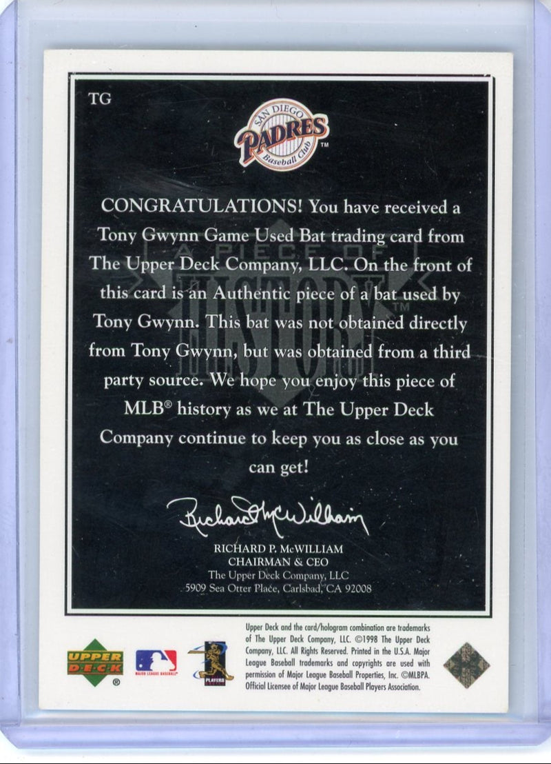 Tony Gwynn 1998 Upper Deck Black Diamond A Piece of History game-used bat relic
