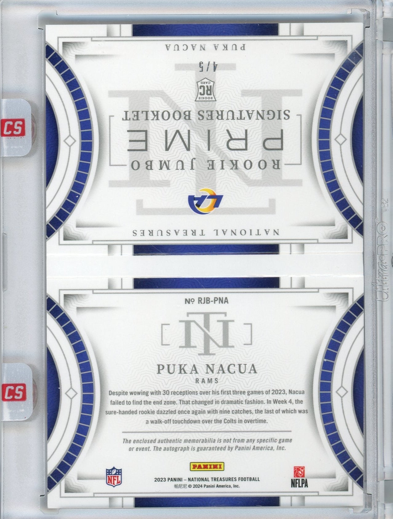 Puka Nacua 2023 Panini National Treasures Rookie Jumbo Prime Signatures Booklet RPA #'d 4/5