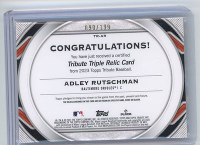 Adley Rutschman 2023 Topps Tribute triple relic rookie card #'d 090/199