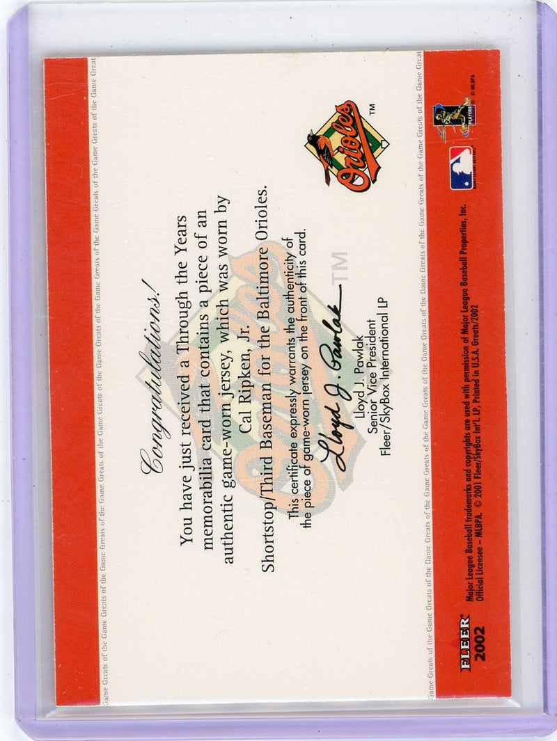 Cal Ripken Jr. 2002 Fleer Greats Through the Years game-used jersey relic