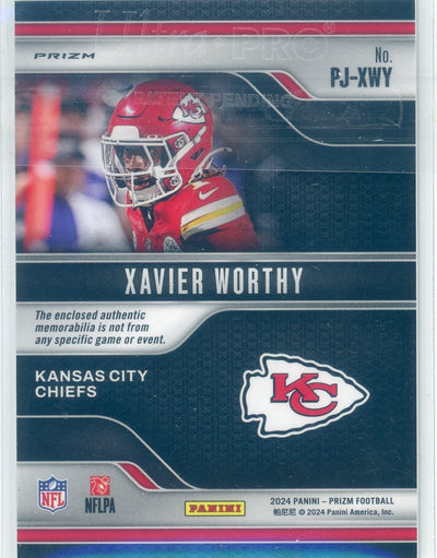 Xavier Worthy 2024 Panini Prizm Premier Jerseys relic purple pulsar prizm rookie card