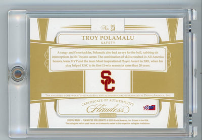 Troy Polamalu 2020 Panini Flawless Collegiate game-used autograph relic gold #'d 04/10