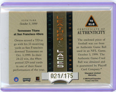 Terrell Owens 2000 Playoff Absolute Leather & Laces football relic #'d 021/175