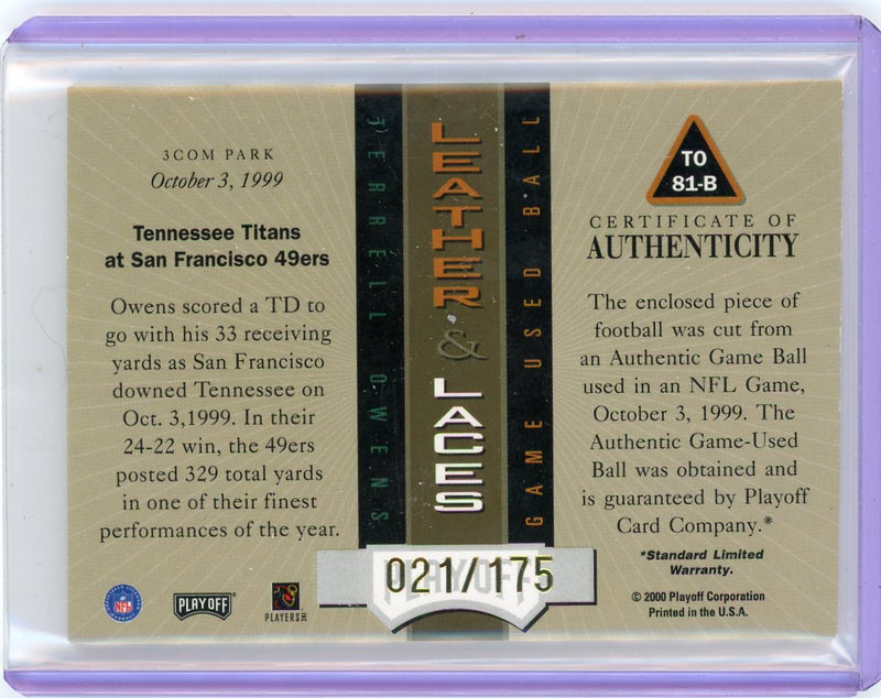 Terrell Owens 2000 Playoff Absolute Leather & Laces football relic 