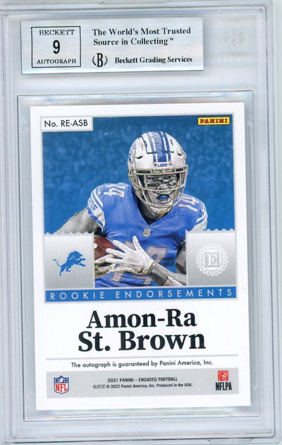 Amon-Ra St. Brown 2021 Panini Encased Rookie Endorsements Sapphire #'d 16/35 BGS 9