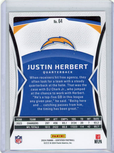 Justin Herbert 2024 Panini Certified gold mirror #'d 12/15