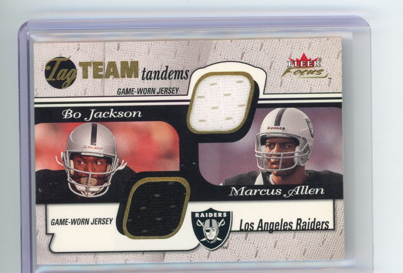 Bo Jackson Marcus Allen 2001 Fleer Focus Team Tandems dual game-used relic #'d 36/50