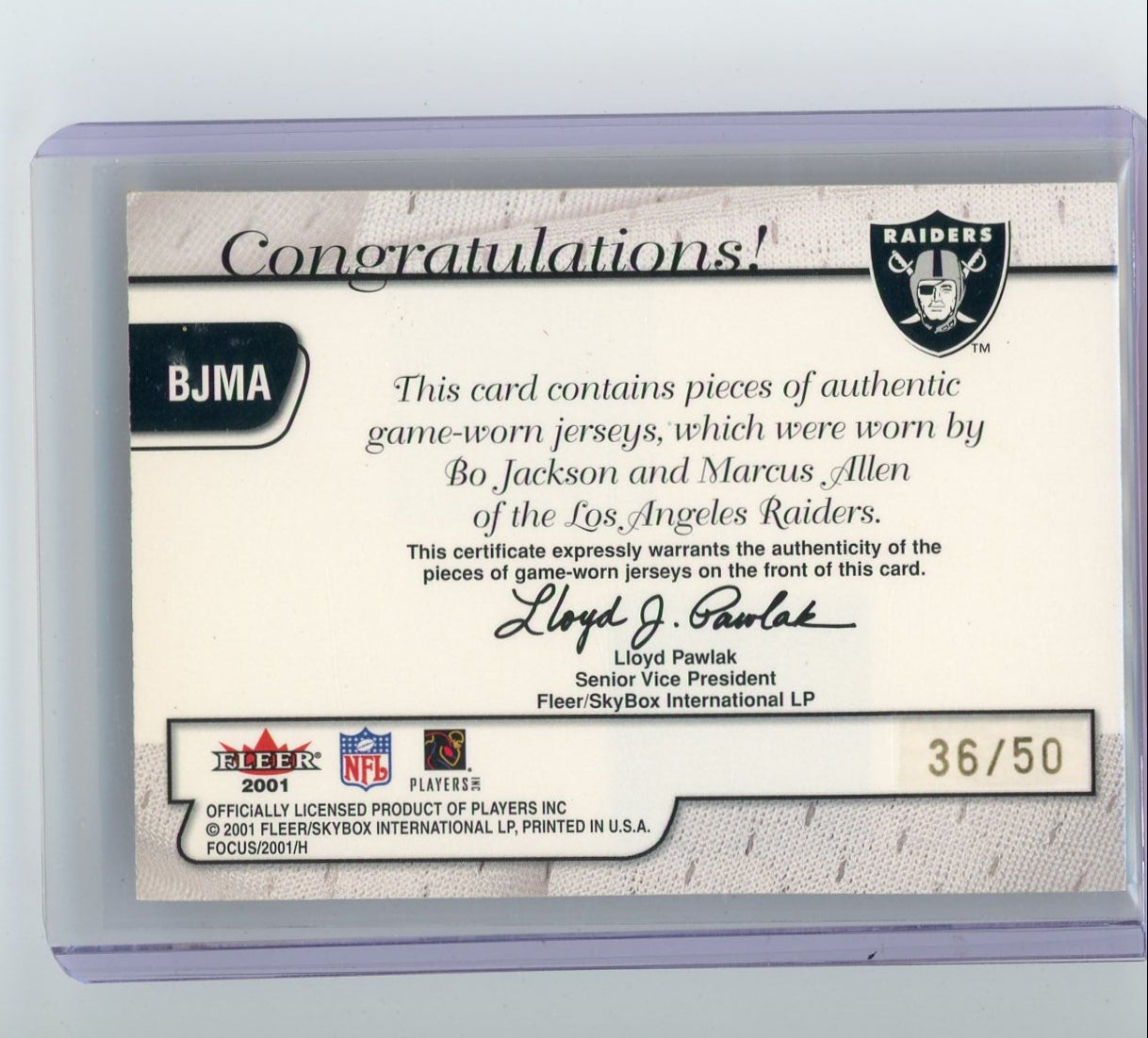 Bo Jackson Marcus Allen 2001 Fleer Focus Team Tandems dual game-used relic #'d 36/50