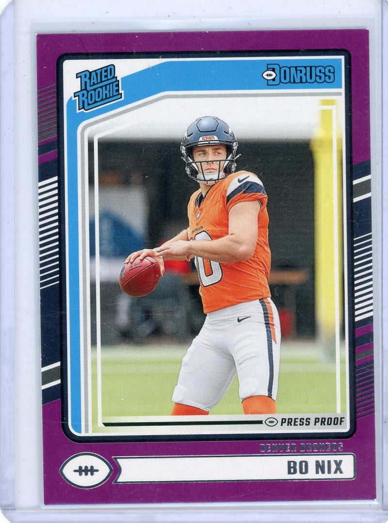 Bo Nix 2024 Panini Donruss Press Proof purple rookie card