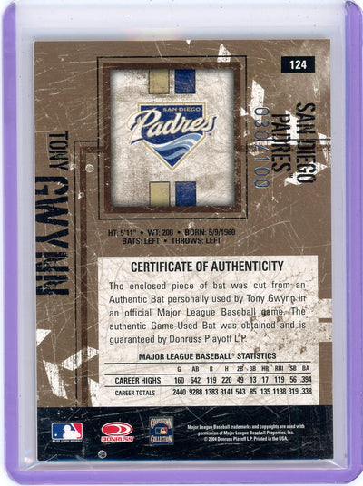 Tony Gwynn 2004 Donruss Leather & Lumber game-used bat relic #'d 030/100