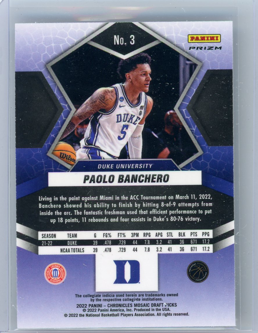Paolo Banchero 2022 Panini Chronicles Mosaic Draft Picks silver prizm rookie card