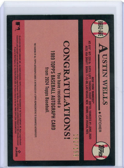 Austin Wells 2024 Topps 1989 35th Anniversary autograph rookie card black #'d 192/199