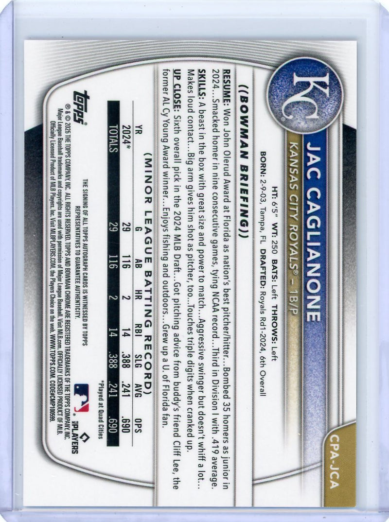 Jac Caglianone 2025 Bowman Chrome autograph