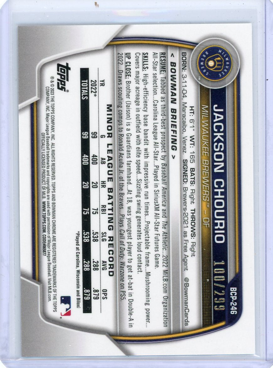 Jackson Chourio 2023 Bowman Chrome mini diamond #'d 100/299