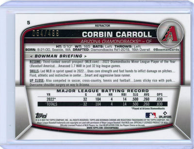 Corbin Carroll 2023 Bowman Chrome refractor rookie card #'d 054/499
